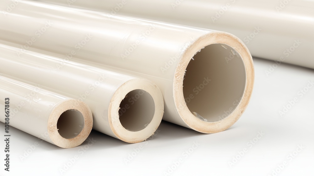 Fototapeta premium Three beige cpvc pipe with smooth interior and exterior, staged to show diameter variation and wall thickness, representing plumbing and hot-water distribution.