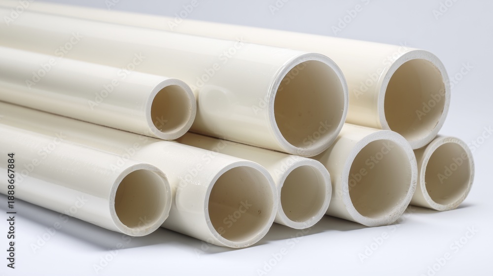 Fototapeta premium Stack of white cpvc pipe showing smooth interior and exterior surface, conveying plumbing and hot-water supply concept.