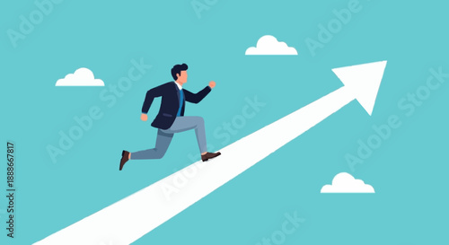 Business Man Running Up Arrow