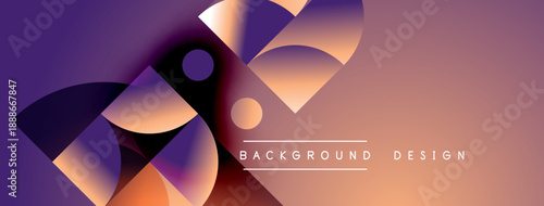 Abstract geometric shapes blend purple, orange hues. Modern design features overlapping circles, squares, gradients. Minimalist aesthetic with text elements.