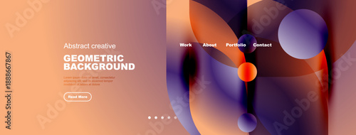 Abstract geometric background design. Warm colors blend with cool tones. Website header features navigation, text, dots.