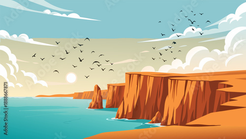 Vector illustration of a cliffside landscape with birds flying over the ocean at sunrise, a serene natural scene