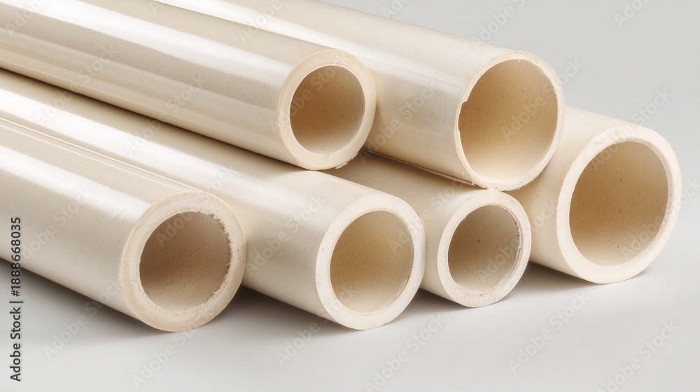 Fototapeta premium Stack of beige cpvc pipe showing cross section and smooth bore, indicating plumbing installation and hot water distribution.