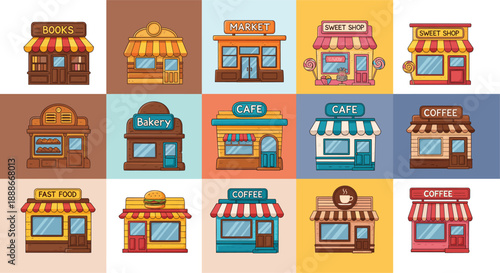Cute small shop storefront vector set with cafe bakery market coffee and sweet shops isolated