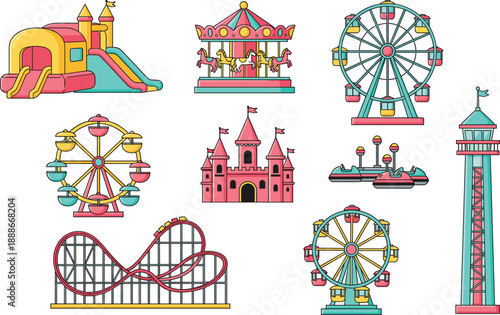 Amusement park rides vector set with carousel ferris wheel roller coaster castle and funfair attractions isolated