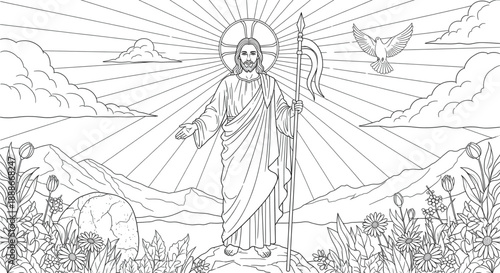 Jesus Christ Resurrection Line Art Coloring Page for Easter Divine Hope and Faith Church Education