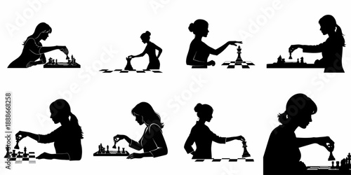 Silhouettes of Women Playing Chess: Set of Eight Vector Illustrations Depicting Strategy, Intellect, and Competition on the Board.