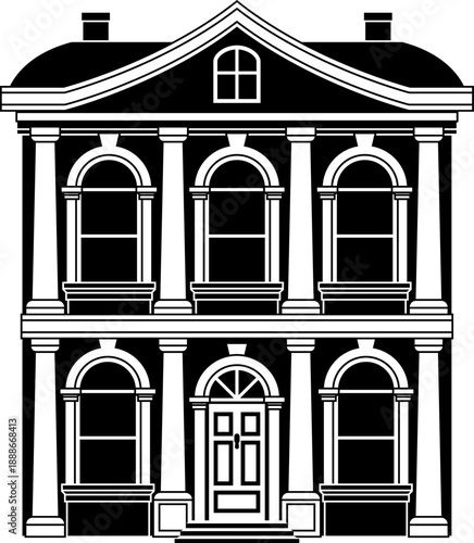 Victorian silhouette old English house building. Georgian mansion manor style homes. Vintage British architecture facade illustration.
