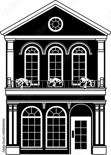 Victorian silhouette old English house building. Georgian mansion manor style homes. Vintage British architecture facade illustration.