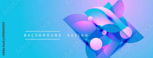 Abstract blue background features flowing shapes, vibrant colors, pink spheres. Modern design elements create dynamic visual impact.