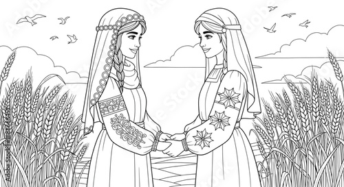 Young Women in Traditional Folk Attire Holding Hands in Golden Wheat Field. Sisterhood, Unity, Cultural Heritage, Harvest Season.