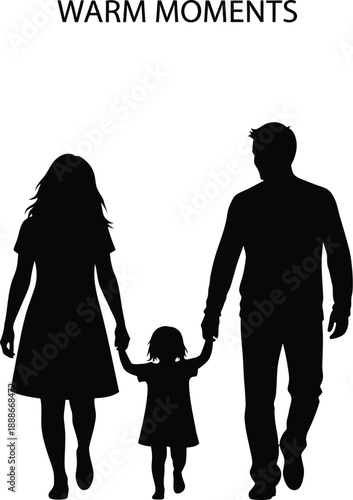 A black and white silhouette of a family of three walking together, representing warm moments and family unity.