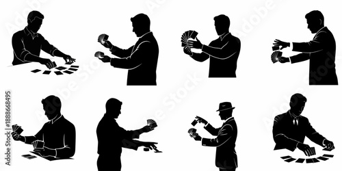 Black and white silhouette set of men playing cards, dealing, or performing magic tricks, isolated on a white background.