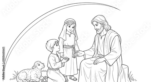 Loving Man with Children and Lamb. Peaceful Line Art Coloring Page for Kids' Religious Education