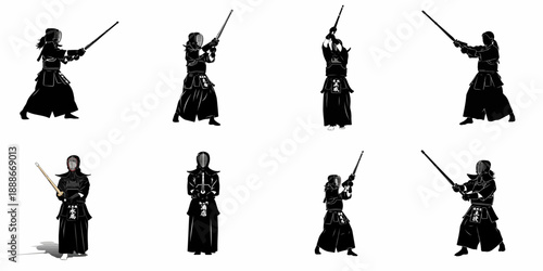 Dynamic Kendo martial arts vector silhouettes showcasing traditional Japanese sword-fighting poses and stances with Bogu armor and Shinai.