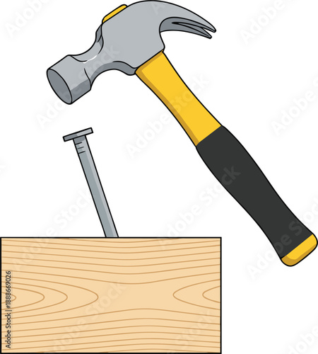 Hammer hitting nail into wooden plank vector illustration showing construction carpentry tool concept isolated