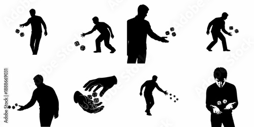 Black and white silhouettes of men throwing dice, vector set illustrating concepts of gambling, risk, luck, fate, and probability games.