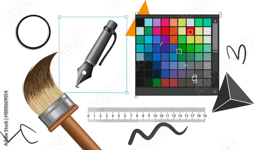 Graphic design tools, digital art elements, color palette, paintbrush, ruler, fountain pen, vector illustration, creative workspace, artistic composition, isolated on white background