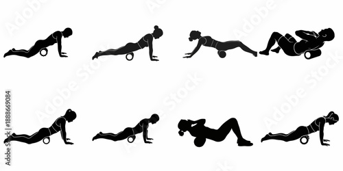 Silhouettes of people performing foam roller exercises for self-myofascial release, stretching, and muscle recovery.