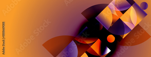 Abstract geometric shapes blend vibrant orange, purple hues. Dynamic composition creates modern visual impact. Smooth gradients define forms.