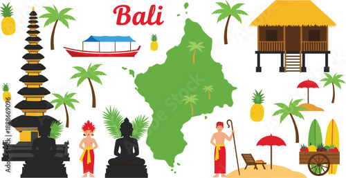 Bali Indonesia travel vector set with island map temple beach culture landmarks and tropical elements isolated
