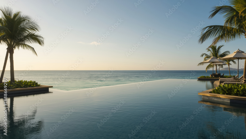 Fototapeta premium Serene beachfront infinity pool at sunrise with palm tree and lounge area