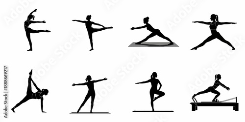A collection of female silhouettes demonstrating various yoga, stretching, and Pilates poses for fitness and wellness.