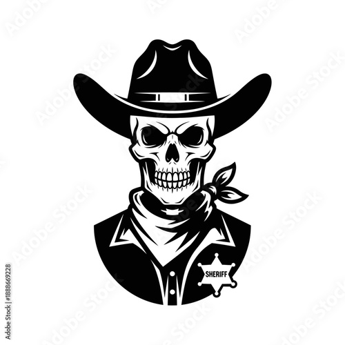 Skeleton Cowboy Sheriff Black and White Vector Illustration