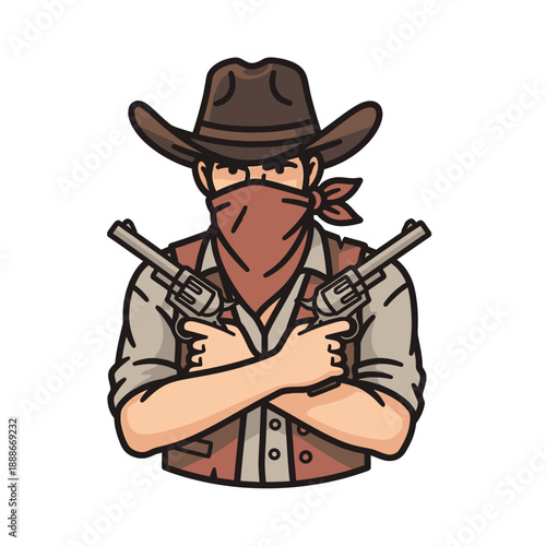 Cartoon Cowboy Bandit Ready to Shoot with Two Revolvers