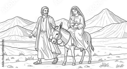 Biblical Holy Family Desert Journey with Donkey Line Art for Christmas Story and Religious Education