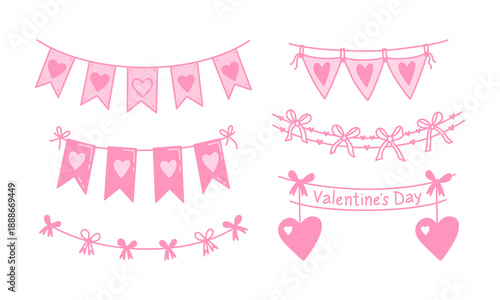 Set of pink hand drawn Valentine's Day garlands and bunting flags with hearts and bows. Sweet decorative elements for romantic parties and greeting cards.