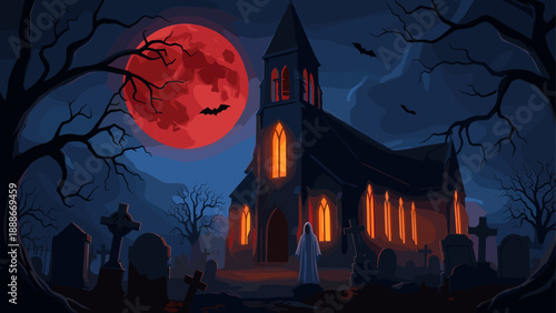 Haunted church illustration, graveyard scene with ghost, red moon, bats, leafless trees, Halloween atmosphere, gothic horror design, isolated on dark background