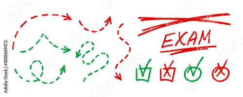 Hand drawn dashed arrows and school symbols in red and green. Includes EXAM text and checkmarks, ideal for educational content, testing, or feedback. Grade exam marks textured elements set.
