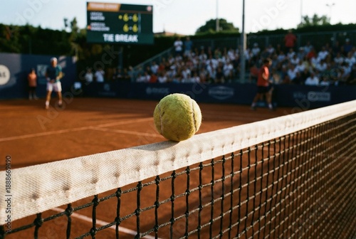 Tennis ball on net during clay court match with spectators.