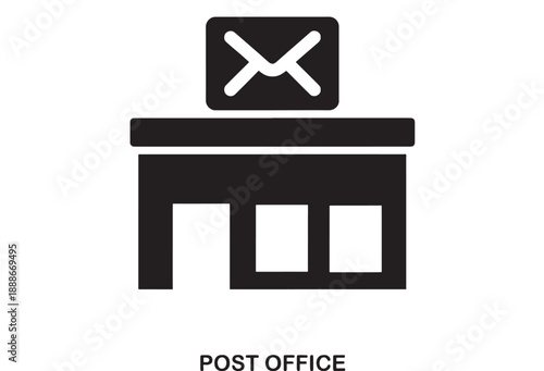 Simple black and white flat design icon of a post office building with an envelope on top, representing mail services and communication