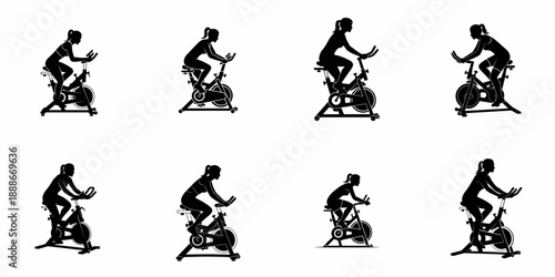 Black Silhouettes of Women Cycling on Stationary Spin Bikes, Featuring Various Poses for Indoor Fitness and Cardio Training Icon Set.