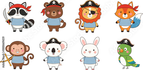 Cute pirate animal cartoon vector set with funny characters wearing sailor costumes and adventure theme isolated