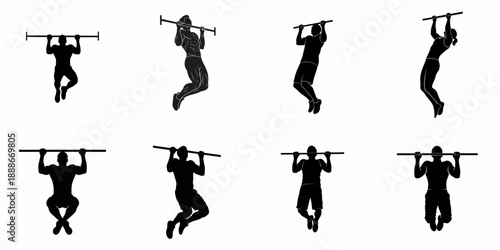 Collection of black silhouettes showing people performing pull-ups and chin-ups, fitness vector icon set.