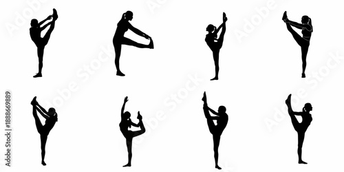 Eight silhouettes of flexible women performing extreme stretching poses, showcasing gymnastics, dance, and yoga balance exercises isolated on white.