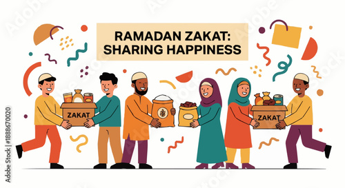 Flat vector illustration of muslim community giving zakat and charity donation, people sharing food box, social care concept.