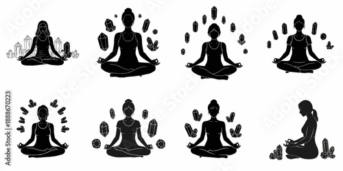 Eight Black Silhouettes of Women Meditating in Yoga Poses Surrounded by Healing Quartz Crystals and Gemstones, Spiritual Wellness Vector Set.