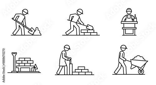 Construction Worker Line Icons Set. Labor, Building, and Masonry Symbols including Shoveling, Brick Laying, and Wheelbarrow Outline Vectors.