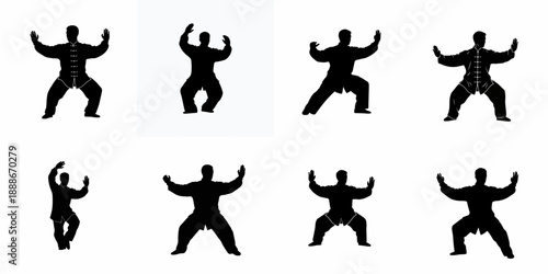 Collection of eight black silhouettes depicting a male practitioner performing various balanced movements and stances of Tai Chi or Qigong, isolated on white.