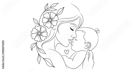 Mother Kissing Baby Tenderly, Floral Embrace, Family Love, Maternity Care, Newborn Welcome, Gentle Bonding, Warm Parenting