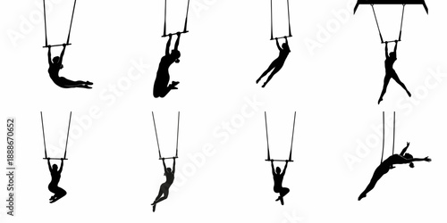 Eight female trapeze artists silhouettes performing various aerial acrobatics poses on a flying trapeze bar, isolated vector collection.
