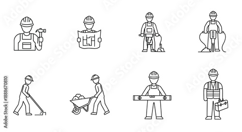 Construction Worker Line Icons Set. Building and Engineering Outline Pictograms: Laborer, Foreman, Architect, and Builder Avatars with Tools.