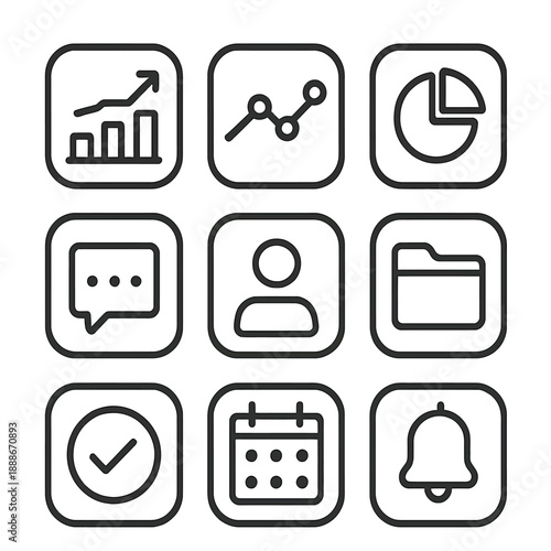 Rounded Square Grid Icons System: Balanced Vector Symbols for Modern SaaS Dashboards and UI Design on White Background.