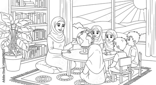 Muslim Teacher Inspiring Children with Globe Education, Global Learning, Cultural Diversity, Classroom Scene