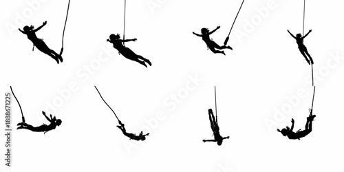 Eight female bungee jumping silhouettes showing the extreme sport in motion, isolated graphic elements representing adventure and courage on a white background.