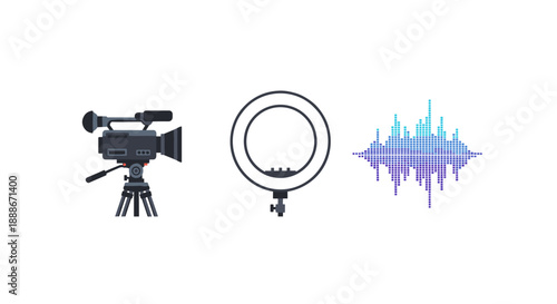 A vector illustration presents a professional video camera on a tripod, a ring light, and an audio waveform, symbolizing video production and content creation on a white background.